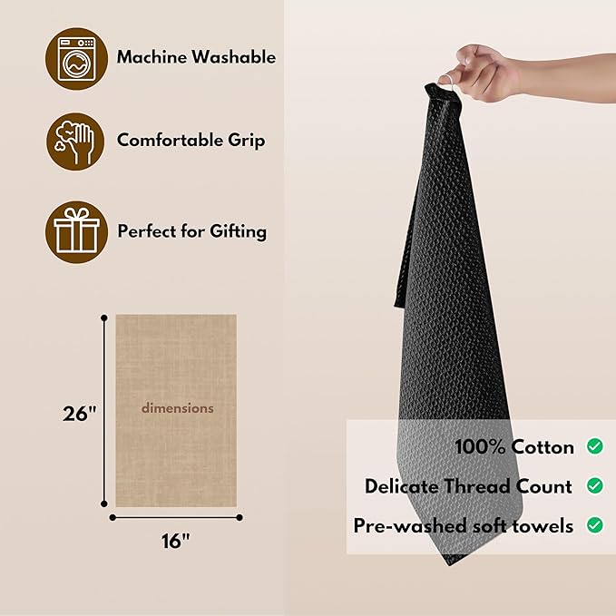 Native Fab Cotton Kitchen Towel with Hanging Loop 16x26 inches, 12-Pack, Waffle Weave Kitchen Towels for Cleaning Drying, Washcloths Soft & Absorbent Cloth Rags, Bar Towel, Dish Cloth, Black