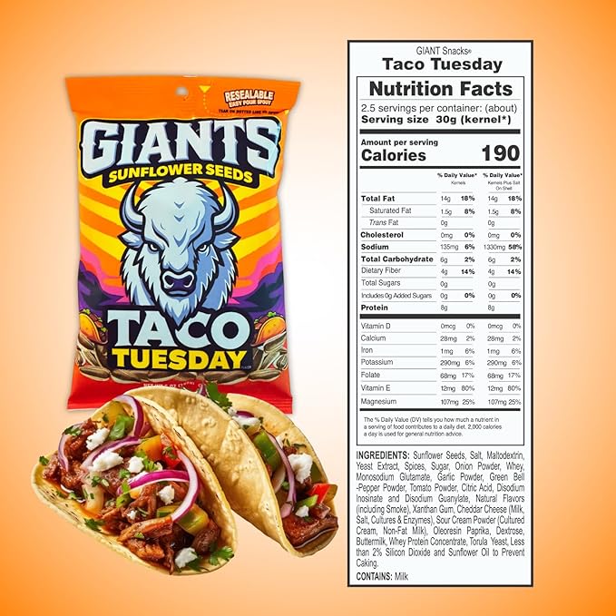 GIANTS Taco Tuesday Sunflower Seeds - Sunflower Seeds to Eat, High Protein Snack, Zesty Taco Seasoning, Source of Vitamin E & Fiber Content - 5 oz Resealable Bags (Bulk Pack of 12)