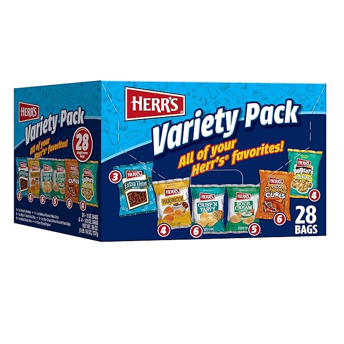 Herr?셲 Snacks Variety Pack, Potato Chips, Pretzels, Popcorn, Cheese Curls, 26oz Box (28 Bags)
