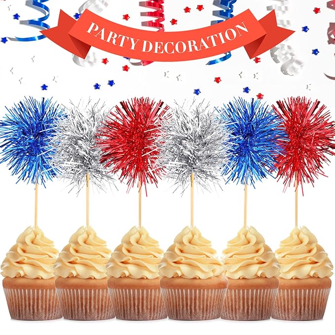 Chinco 100 Pcs Foil Firework Cupcake Toppers Sparkle Tinsel Cake Toppers Cake Decoration Cocktail Fruit Toothpick for Birthday Wedding Graduation Party(Silver, Red, Blue)
