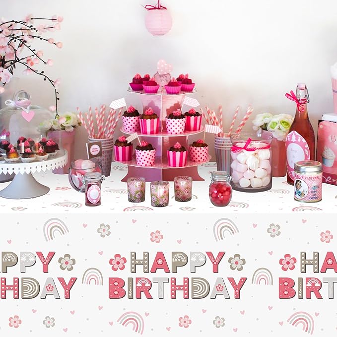 3Pcs Boho Rainbow Party Tablecloths Pink Boho Birthday Table Covers Retro Hippie Themed Party Decorations Plastic Disposable Rectangular Table Cloth Decor for Kids Birthday Baby Shower Supplies