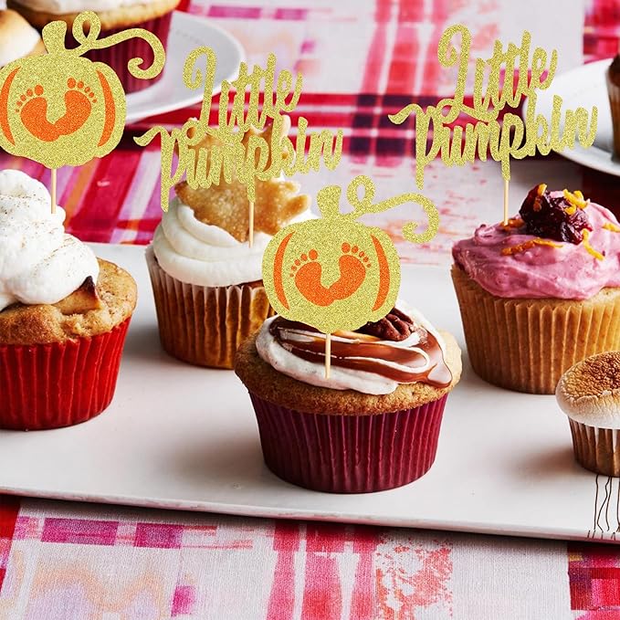 24Pcs Little Pumpkin Cupcake Toppers - Baby Shower Cake Decorations with Baby Feet Pumpkin Cupcake Picks for Thanksgiving, Halloween, Kids Birthday Parties - Gold Glitter