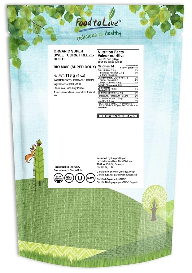 Food to Live Organic Super Sweet Corn, 4 Ounces - Freeze-Dried Kernels, Non-GMO, Kosher, Healthy Snack, Bulk, Grown in the USA