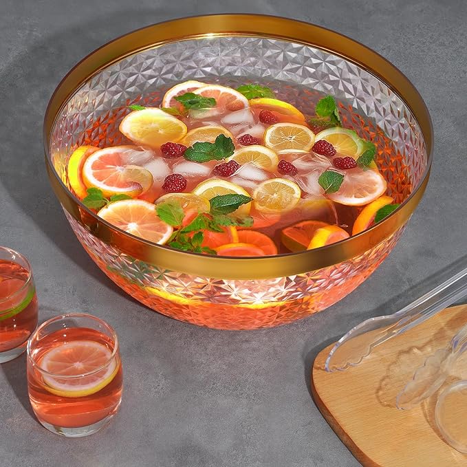 NiHome Plastic Punch Bowl with Ladle and Tong for Parties, Weddings, BBQs, 1.4 Gallon Gold Trim Clear Beverage Serving Bowl Complete Set for Cocktails, Salads, Snacks, Easy to Clean