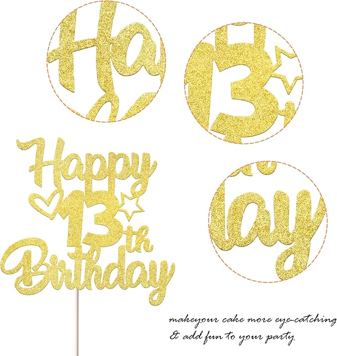1 Pack Happy 13th Birthday Cake Topper Glitter Heart Star 13 Fabulous Cake Pick Birthday Sign Cake Decorations for 13th Birthday Theme Party Supplies Gold