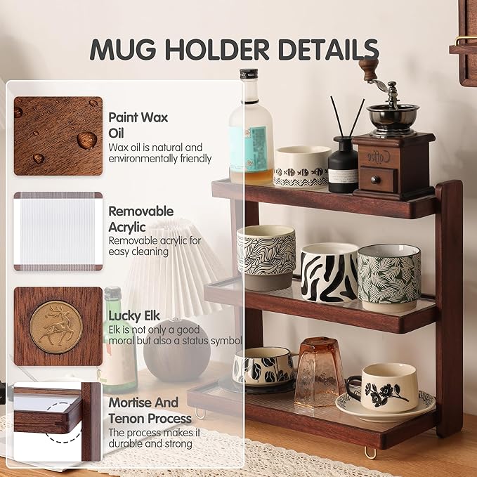 Coffee Mug Holder Wooden Cup Rack,3-Tier Acrylic Home Wood Mug Display Rack for Kitchen Countertops, Coffee Bars, Syrup, Cups, Stirrers