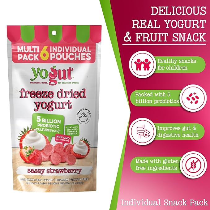 YoGut Freeze Dried Yogurt Snack, Strawberry, 6 Pack, Healthy Snacks for Kids, Toddlers & Adults, Gluten Free, Non GMO, With 5 Billion Live Probiotics, Vitamins & Minerals, Individual Snack Packs