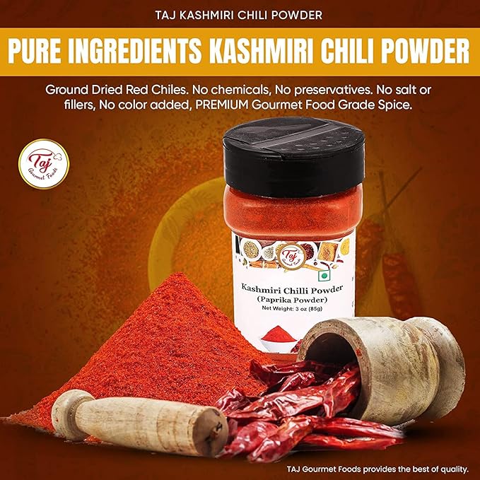 TAJ Premium Indian Kashmiri Chilly Powder, (Deggi Mirch, Lal Mirch), Mild Hot (3-Ounce)