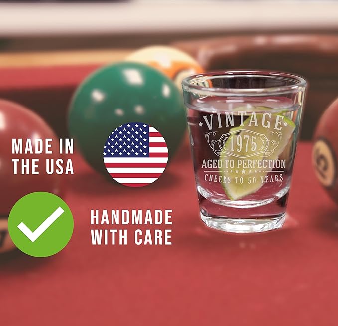 Vintage 1975 Etched 1.75oz 1pk Shot Glass - Happy 50th Birthday Gifts Women Men, Cheers to 50 Years, Turning 50 Year Old Woman Decorations Decor, Anniversary Bday Party Favors, Best Gift Ideas 1.0