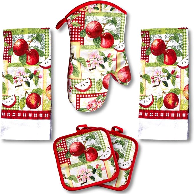 Lobyn Value Packs - 5 Piece Country Kitchen Towel Set: Features Red Apples on a Patchwork Quilt, 2 Decorative Dish Towels, 1 Oven Mitt, and 2 Quilted Potholders
