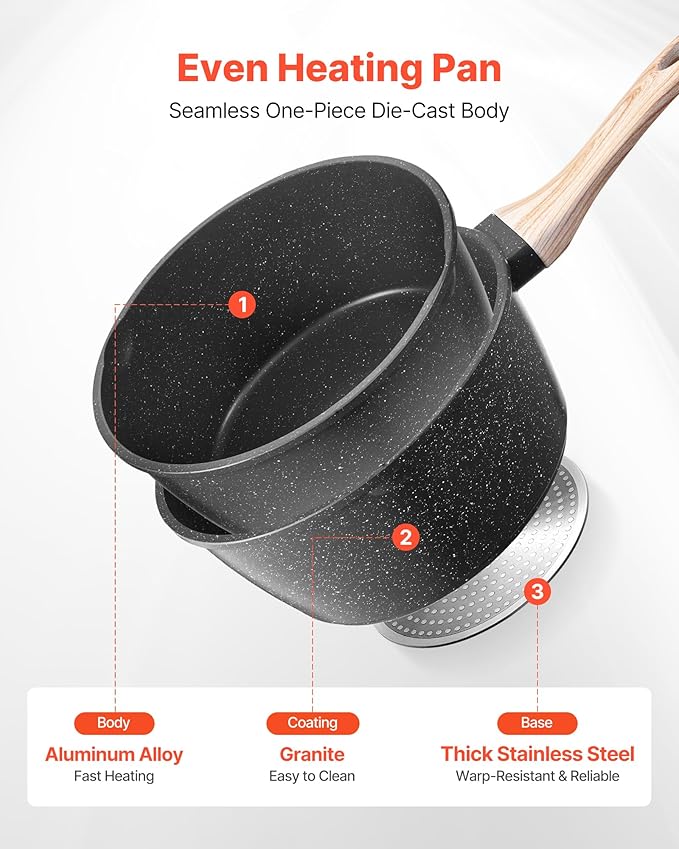 VEVOR 2.5 QT Saucepan, Nonstick Saucepan with Tempered Glass Lid, Multipurpose Cooking Sauce Pot with Detachable Handle, Sauce Pan Small Kitchen Cooking Pot with Coating, Induction Compatible, Black