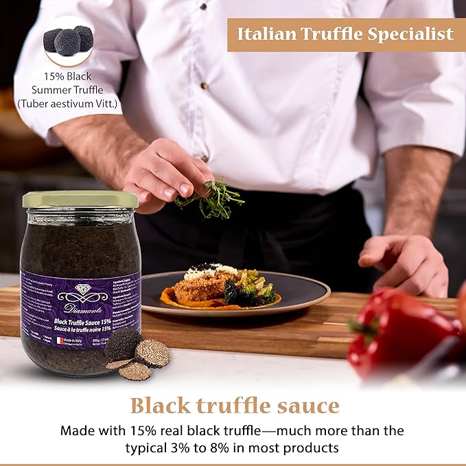 Diamante Italy Black Truffle Sauce with High 15% Black Truffle Content - Authentic Italian Gourmet Black Truffle & Mushroom Sauce - Non GMO, Vegan & Made in Italy - 500g