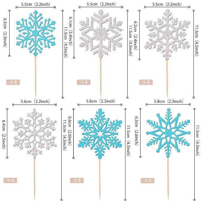 36 PCS Snowflake Cupcake Toppers Glitter Winter Frozen Theme Cupcake Picks for Winter Wonderland Snowflake Theme Baby Shower Kids Birthday Christmas Party Cake Decorations Supplies Silver Blue