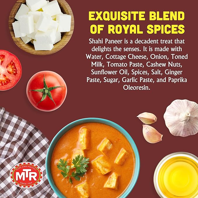 MTR - Shahi Paneer - Mild Tomato Gravy with Cottage Cheese - Authentic Indian Flavors - Flavorful, Easy, Ready-to-Eat Meal - Experience the Richness of Paneer in a Hearty Tomato Curry (Pack of 6)