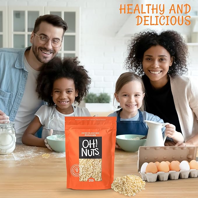 Oh! Nuts Almonds Diced Blanched - Raw - 100% Natural - 2 lb - High-Protein Diced Almonds - Packed in New York Zip-Seal Bag for Exceptional Freshness