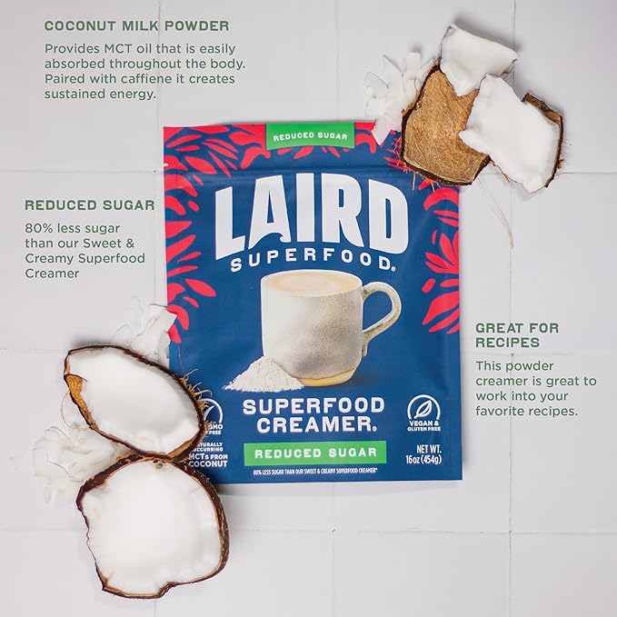 Laird Superfood Non-Dairy Reduced Sugar Superfood Coconut Powder Coffee Creamer, Keto, No Sugar Added, Gluten Free, Non-GMO, Vegan, 16 oz. Bag, Pack of 1