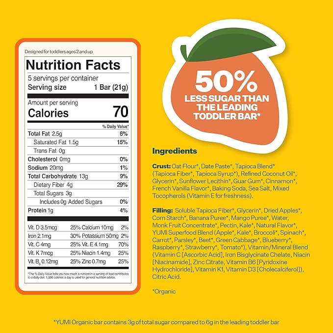 Yumi Organic Toddler Snacks Bars - Gluten-Free, No Added Sugar, 7+ Vegetables, Soft-Baked Crust, Yumi Bars Healthy Toddler Organic Snacks - School Safe and for Lunch Boxes, Mango & Kale (30ct.)