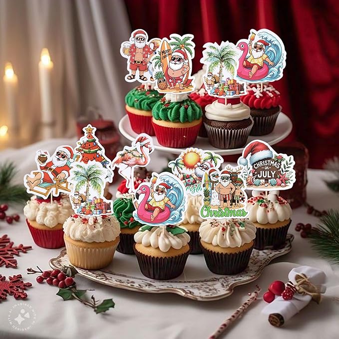 Rsstarxi 40 Pack Summer Christmas Cupcake Toppers Christmas in July Cake Decorations Santa Surfboard Snowman Flamingo Cupcake Picks for Summer Beach Pool Birthday Party Decors