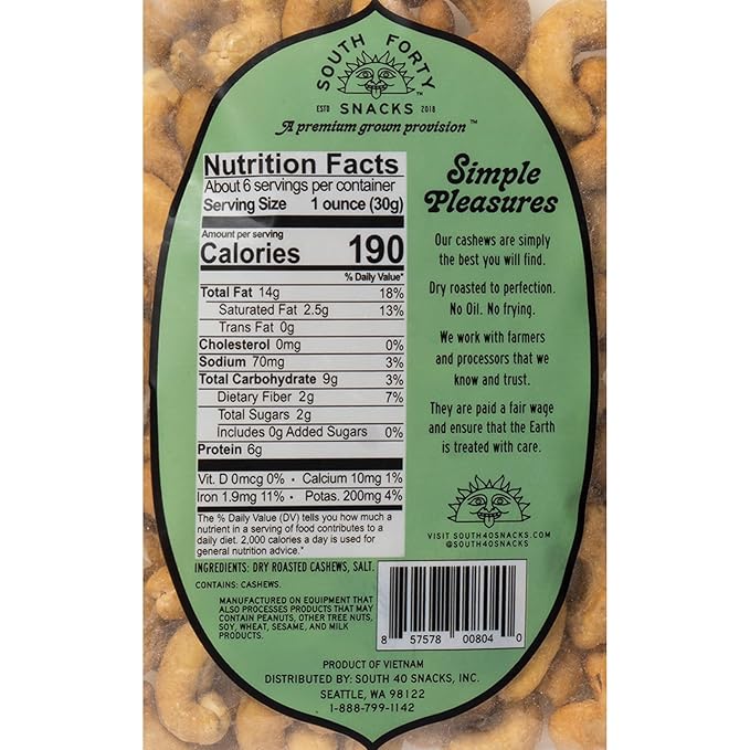 South 40 Snacks Dry Roasted Salted Giant-Sized Cashews, Just 2 Ingredients, Dry Roasted Cashews and Salt (6.5oz bags, pack of 4)