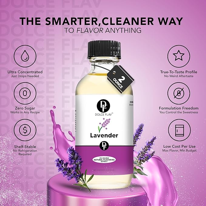 Dolce Flav Natural Lavender Extract ??2 Ounce Oil-Soluble Kosher, Sugar-Free, Concentrated Floral Lavender Flavoring for Baking, Chocolates & Desserts, Includes Measured Dropper