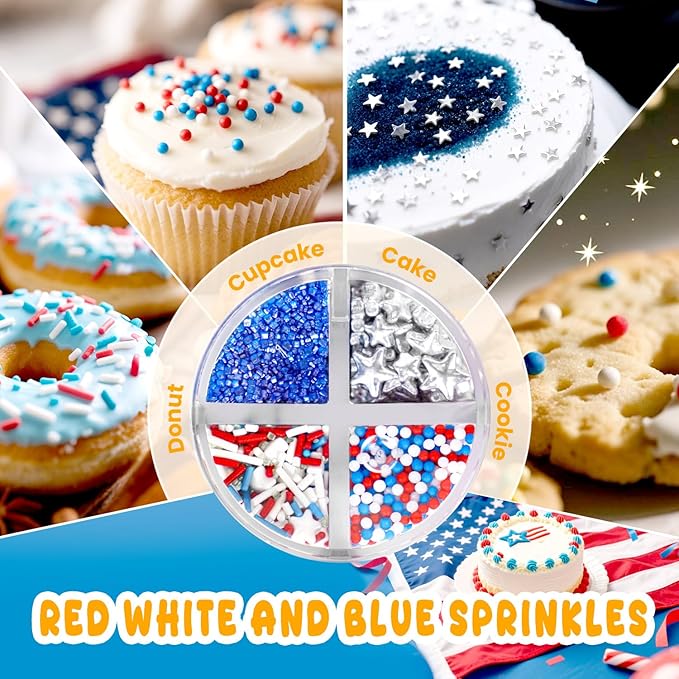 4th of July Sprinkles, Patriotic Sprinkle, Red White and Blue Sprinkles for Cupcakes Cake Decorating, Silver Star Mix, 160g/5.64oz, Cake Decorations, Baking Ice Cream Toppings