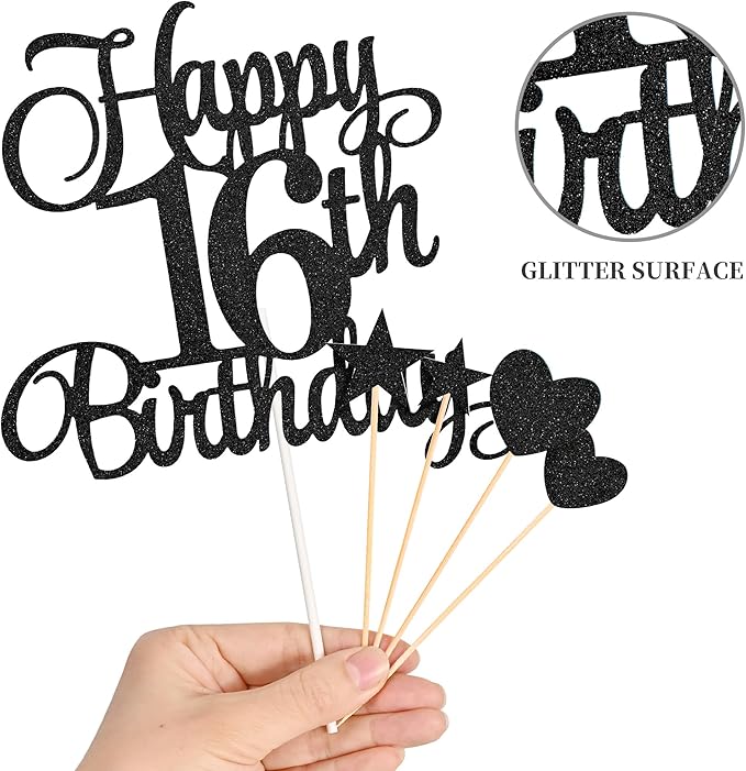 16th Birthday Cake Decorations, 16th Birthday Candles Cake Numeral Candles and Glitter Happy 16th Birthday Cake Toppers Set for Birthday Party Supplies (Black)