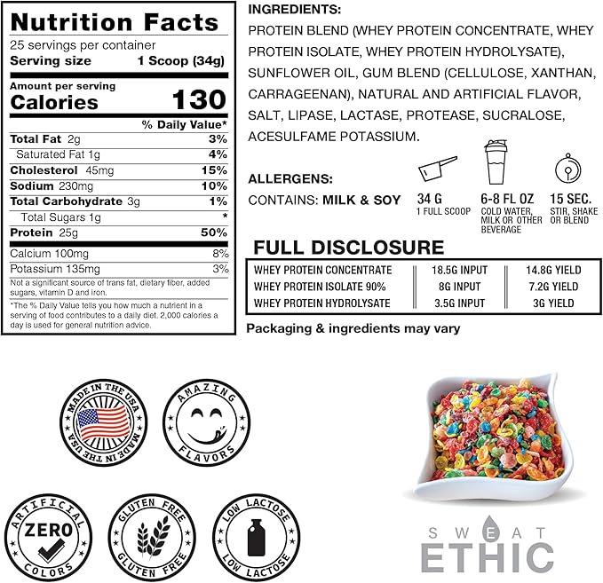 Whey'd Protein Powder, 25 G Whey Protein Blend with Concentrate, Isolate & Hydrolysate, Low Lactose & Digestive Enzymes for Easy Mixing & Smooth Texture, Frooty Cereal Flavor, 25 Servings