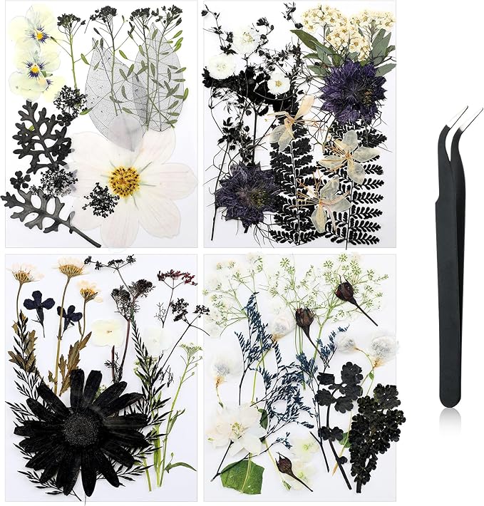 Nuanchu Pressed Flowers Bulk Dried Flower for Crafts, Dried Wildflowers Leave Natural with Tweezer for Resin Mold Scrapbooking Nail Soap Making DIY(Simple Style,Dark Color)