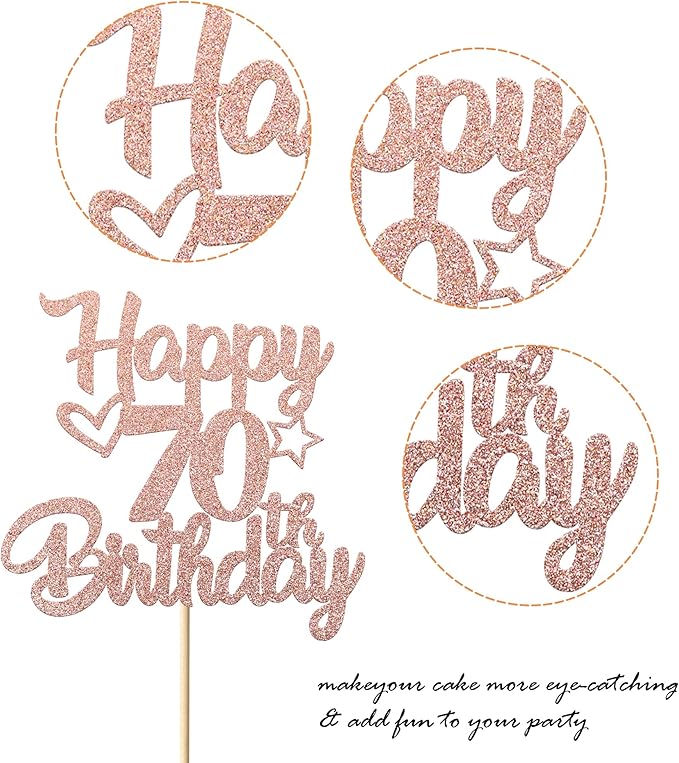 1 Pack Happy 70th Birthday Cake Topper Glitter Heart Star 70 Fabulous Cake Pick Birthday Sign Cake Decorations for Children 70th Birthday Theme Party Supplies Rose Gold