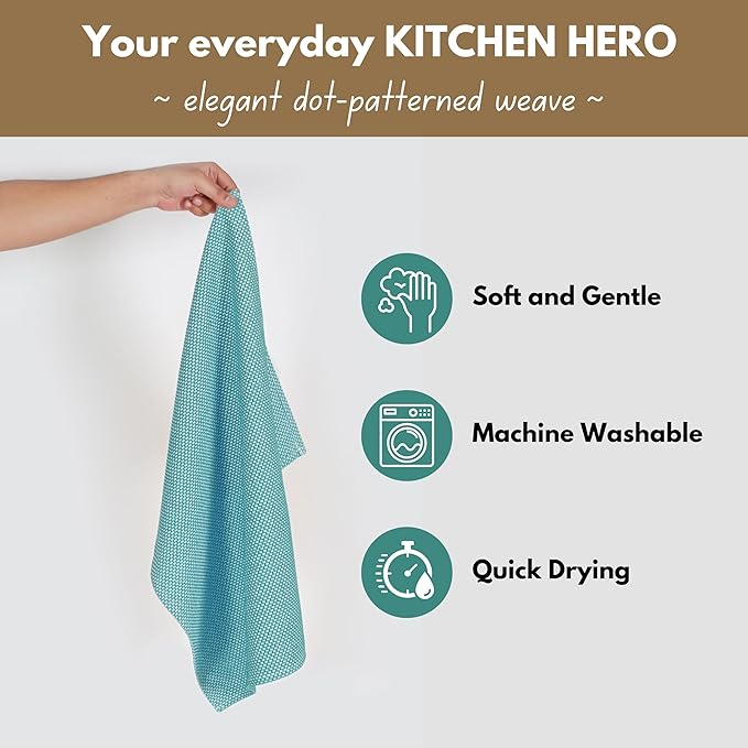 Native Fab 4 Pack Dotted Pattern Kitchen Dish Towels Cotton Super Absorbent Quick Drying Reusable 18x26 Inches - Bar Hand Towels, Kitchen Cleaning Towels with Hanging Loop, Royal Green