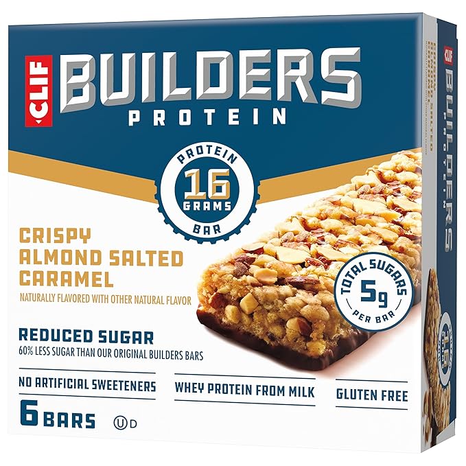 CLIF BUILDERS Protein Bars - Crispy Almond Salted Caramel - Reduced Sugar - Gluten Free - 16g Protein - No Artificial Sweeteners - 1.97 oz. (6 Pack)