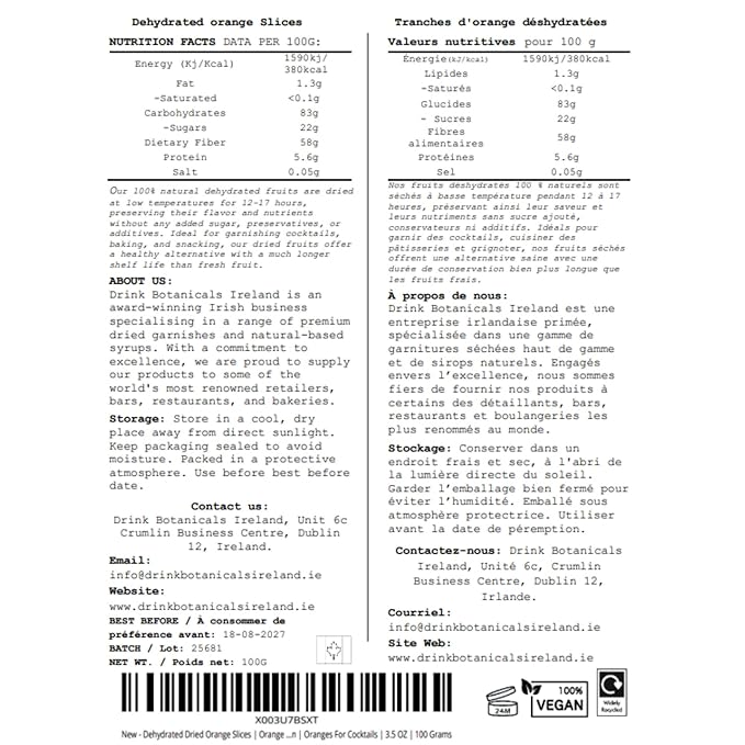Dehydrated Dried Orange Slices | Orange Wheels | 45 + Servings Approx | 100% Natural No Added Sugars | For Cocktails, Wreath Making, Tea, Cakes, Decoration | Oranges For Cocktails | 3.5 OZ | 100 Grams