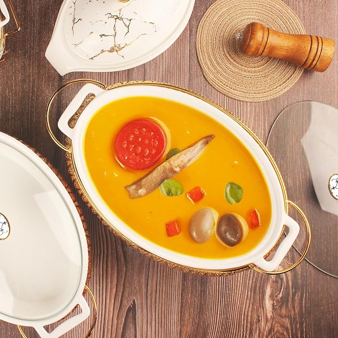 10" x 7" Ceramic Oval Casserole Dish with Glass Lid and Gold rack, 30 Ounce White Serving Soup Tureen,Chafing Dish for Buffet, Family Food preserve Tray, Catering Casserole for Party Style