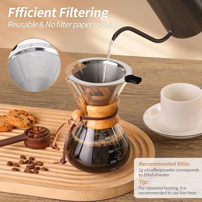 Pour Over Coffee Maker 14 OZ, 4 Cup Borosilicate Glass Drip Coffee Maker with Reusable Stainless Steel Filter and Cork Grip for Home Caf챕 400 ML