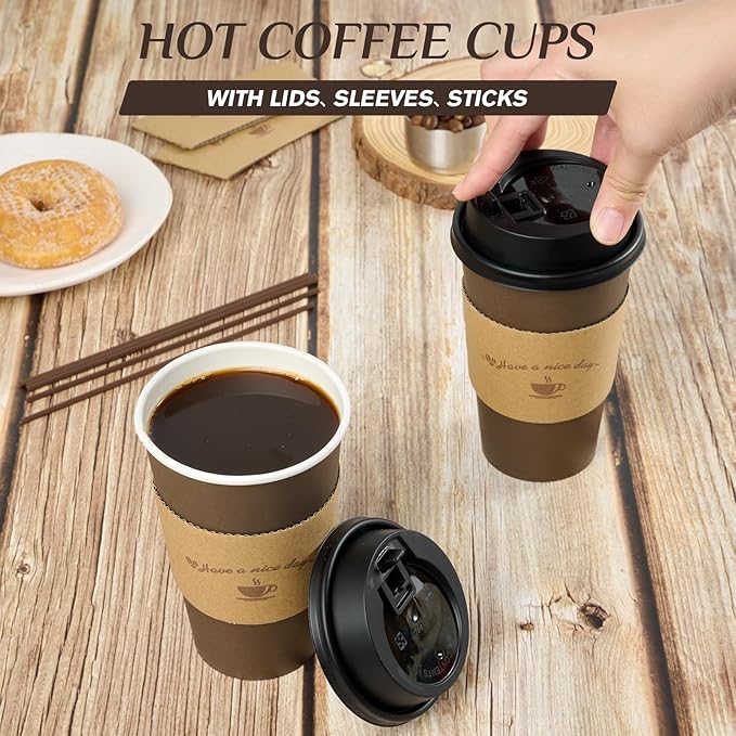 LITOPAK 100 Pack 16 oz Paper Coffee Cups, Brown Disposable Coffee Cups with Lids, Sleeves, Sticks, Drinking Cups for Hot Coffee, Water or Juice, Hot Paper Cups for Home, Restaurant, and Store