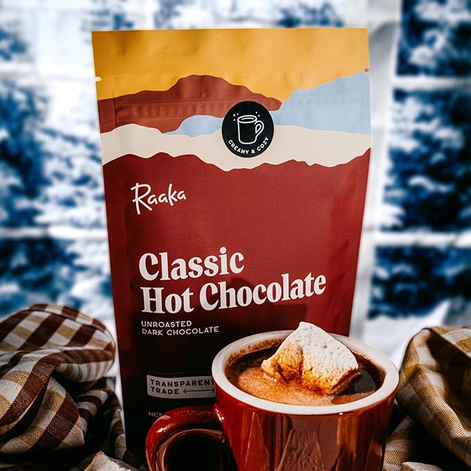 Raaka Premium Hot Chocolate Mix - Vegan, Organic, Gluten and Dairy Free - Lightly Sweetened Gourmet Hot Cocoa with Ethically Sourced Cacao - 8oz Bag Makes 9 Servings