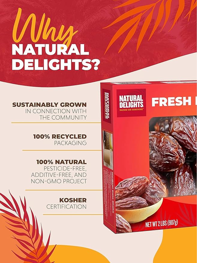 Natural Delights Medjool Dates Whole - Non-GMO Verified Fruit, Good Source of Fiber & Potassium, Naturally Sweet, Snack for On-the-Go, Large & Plump Dates - Bulk 2 lb Box (Pack of 2)