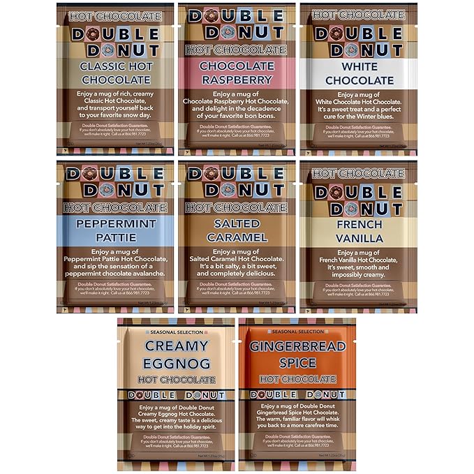 Double Donut Flavored Hot Chocolate Packets Variety Pack, 9 Count Includes Classic, Chocolate Raspberry, Salted Caramel, Peppermint, Eggnog & Gingerbread