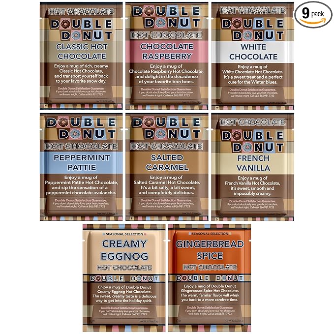 Double Donut Flavored Hot Chocolate Packets Variety Pack, 9 Count Includes Classic, Chocolate Raspberry, Salted Caramel, Peppermint, Eggnog & Gingerbread