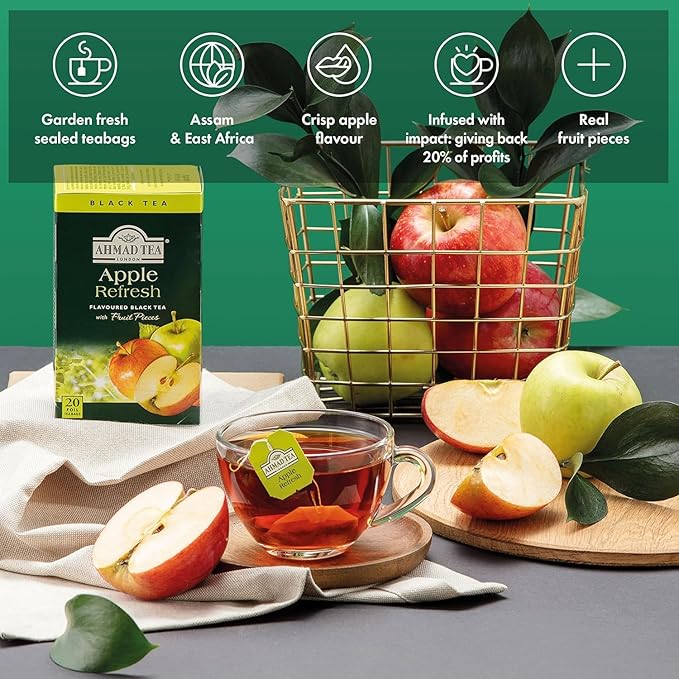 Ahmad Tea Black Tea, Apple Refresh Teabags, 20 ct (Pack of 1) - Caffeinated & Sugar-Free