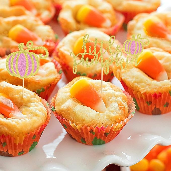 24Pcs Little Pumpkin Cupcake Toppers Fall Pumpkin Cupcake Picks for Thanksgiving Halloween Baby Shower Kids Birthday Party Cake Decorations Supplies - Pink Glitter