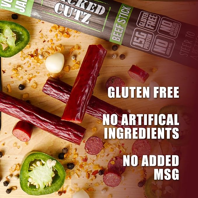 Wicked Cutz Volcanic Jalapeno Spicy Beef Sticks, Tender, Flavorful, Extra Large, Hot Beef Jerky Sticks with 15g of Protein Per Meat Stick, Gluten Free, High Protein, Healthy Snacks for Adults (12 Total)