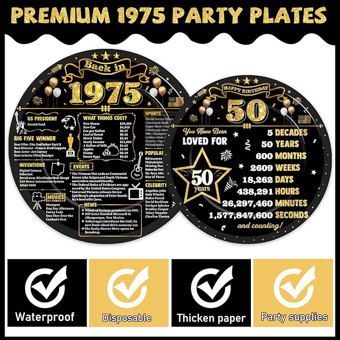 96Pcs 50th Birthday Plates and Napkins Back in 1975 Party Decorations Black Gold 50 Year Old Party Dessert Plates 1975 Tableware for 24 Guests 50th Theme Men Woman Birthday Supplies
