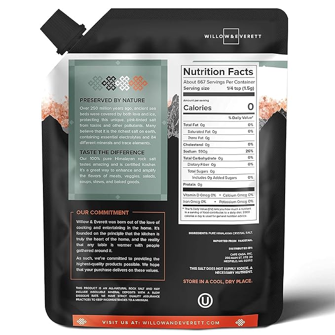 Willow & Everett Himalayan Pink Salt ??Coarse Grain for Grinder/Mill Refill ??Easy Pour Spout - Non-GMO Kosher Rock Salt for Cooking - 2.2 lb / 1 kg