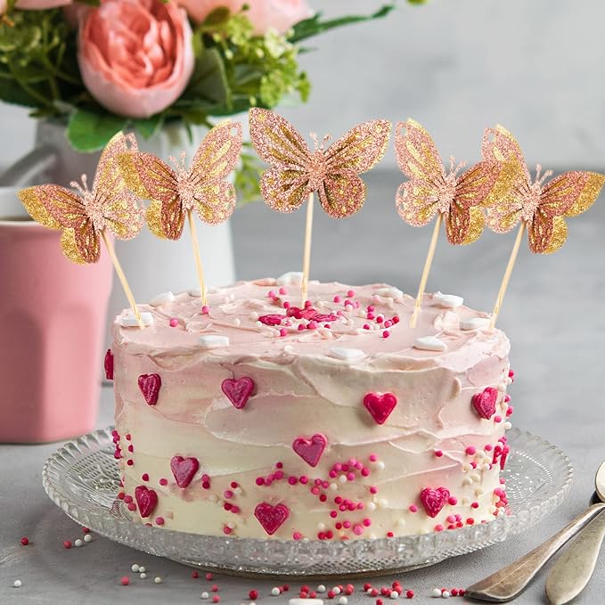 Chinco 48 Pcs Butterfly Cupcake Toppers Assembled Double Layer Cupcake Topper 3D Glitter Cake Topper Butterfly Cocktail Pick Decoration for Baby Shower Birthday Wedding(Gold,Retro Style)