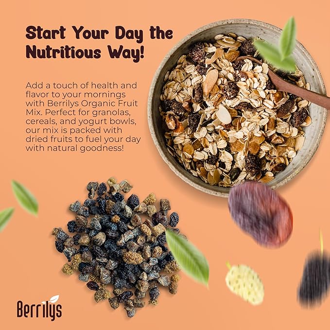Berrilys Dried Fruit Mix, 2 Lbs, Organic, Diced Figs, Diced Apricots, White Mulberries, Sultanas, Sour Cherries, No Sugar Added, Trail Mix for Baking and Snacking