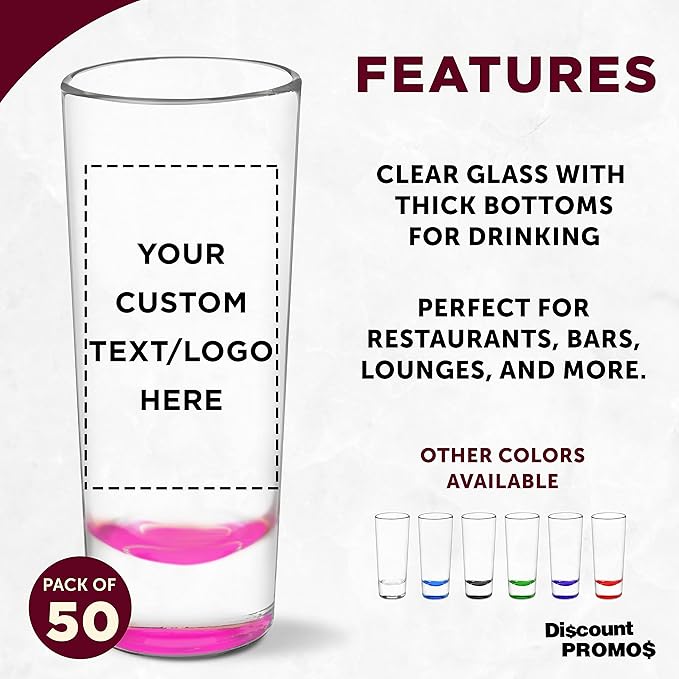 Custom Cordial Shooter Shot Glasses 2 oz. Set of 50, Personalized Bulk Pack - Great for Birthdays, Parties, Indoor & Outdoor Events - Pink
