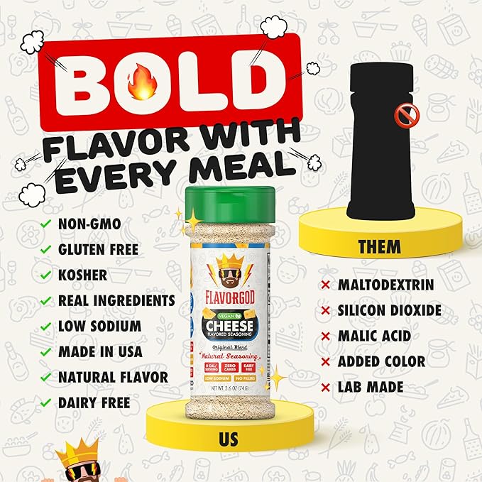 Flavor God Cheese Flavored Seasoning Mix, 2 Bottles, Premium All-Natural Spice Blend for Chicken, Seafood, Vegetables, Eggs, Ravioli, Tacos, & Pasta - Kosher, Dairy-Free, Gluten-Free, Keto Friendly