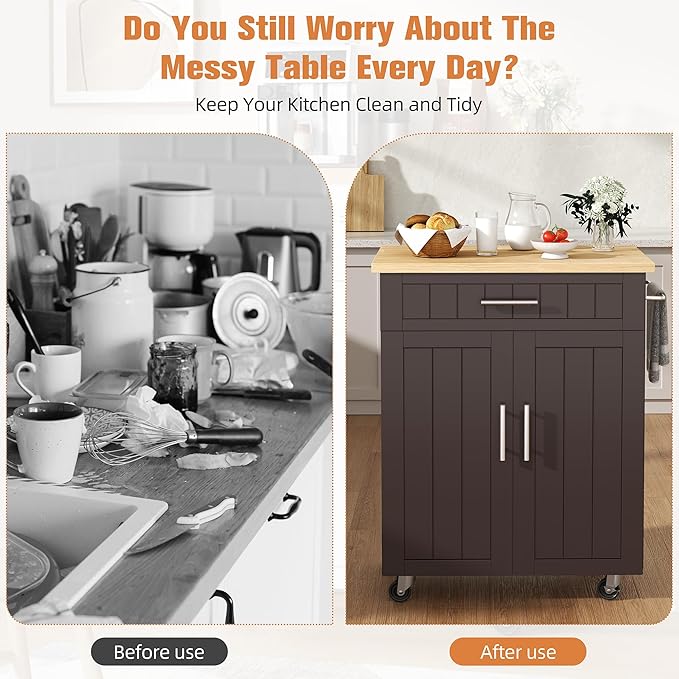 Shintenchi Kitchen Island cart with Storage, Portable Bar Cabinet on Wheels, Rolling Microwave Cart Side Table with Workstation for Kitchen, Dinning Room, Brown