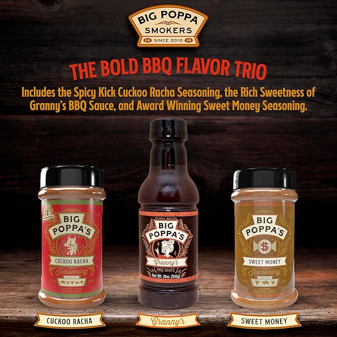 Big Poppa’s Spice & Sauce Celebration BBQ seasoning set – Sweet & Spicy Chili Seasoning Rub, Kansas City BBQ Sauce & Outstanding Honey Garlic Seasoning – 3-Pack Flavor Bundle for Ribs, Chicken & Pork